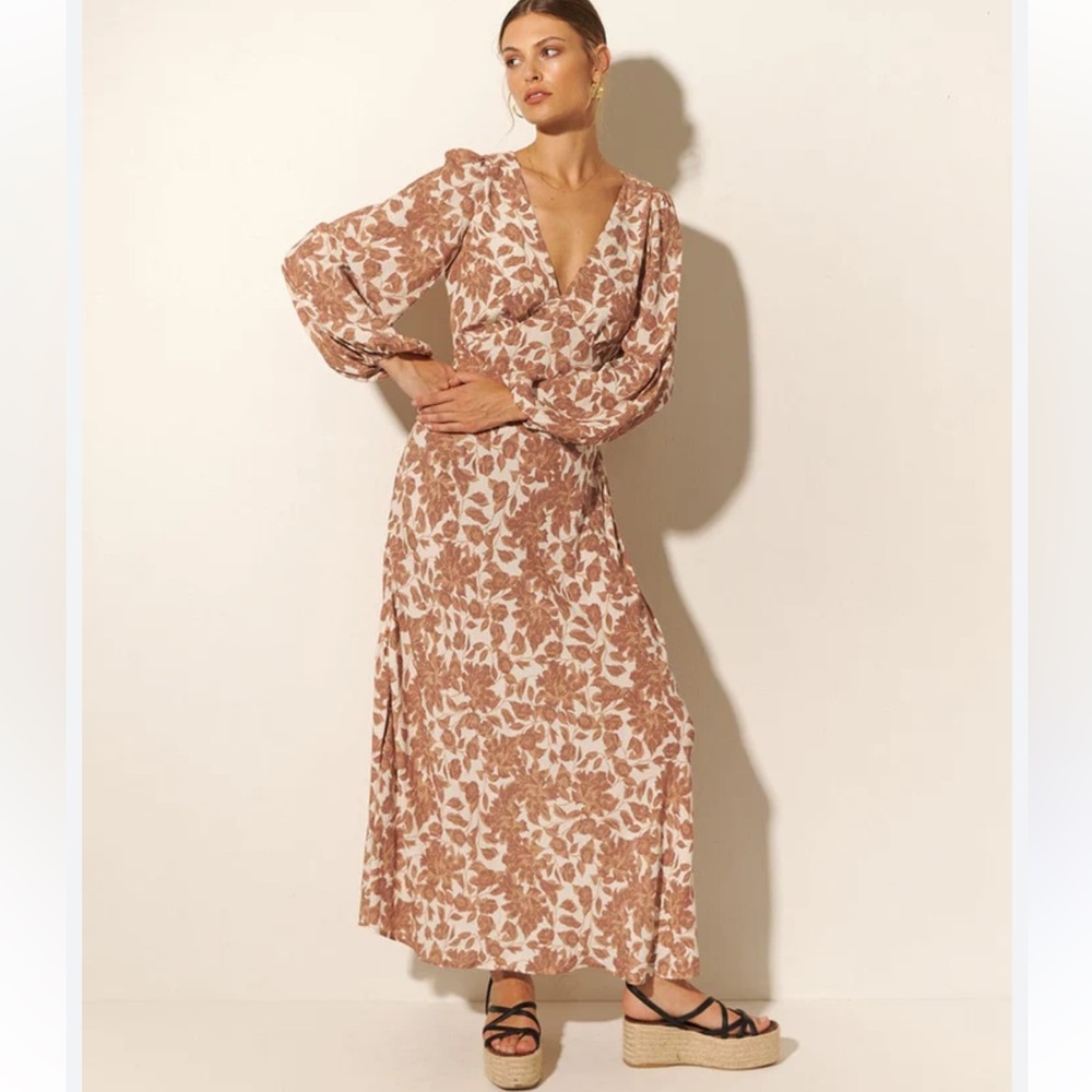 Kivari Brown and Cream Floral Long Sleeve Maxi Dress